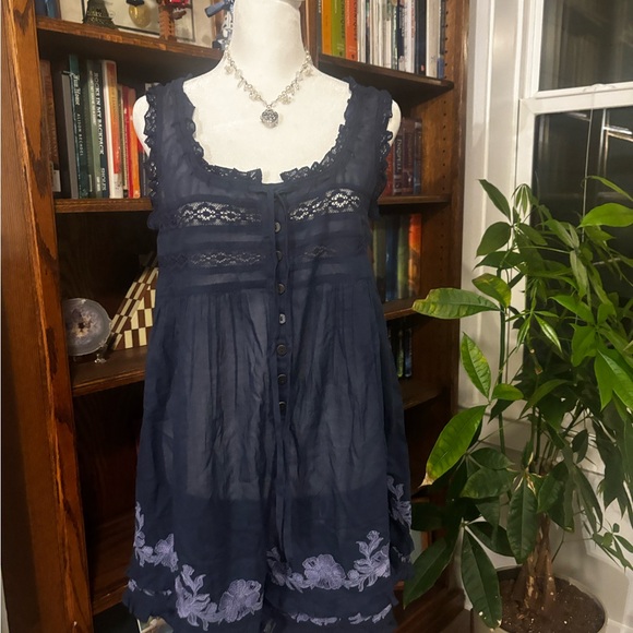 Free People Dresses & Skirts - Free People Navy Blue Lace-Trimmed Embroidered romper